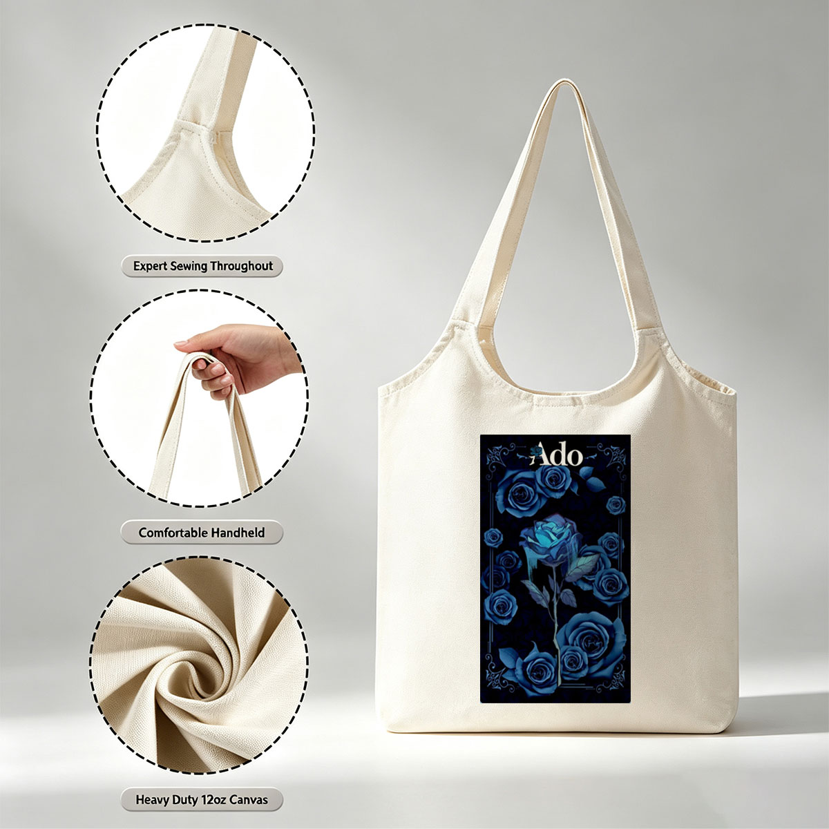 Ado Dark Blue Roses Artistic Floral Design - Canvas shoulder bags/