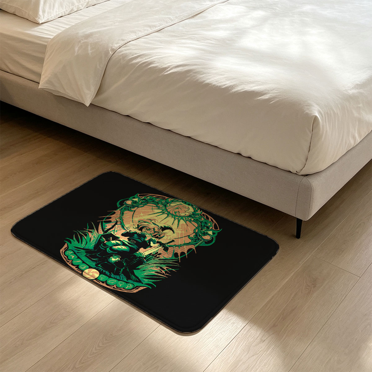 Link from The Legend of Zelda, wielding sword and shield, framed by ornate green design with Triforce symbols - Flannel floor mat