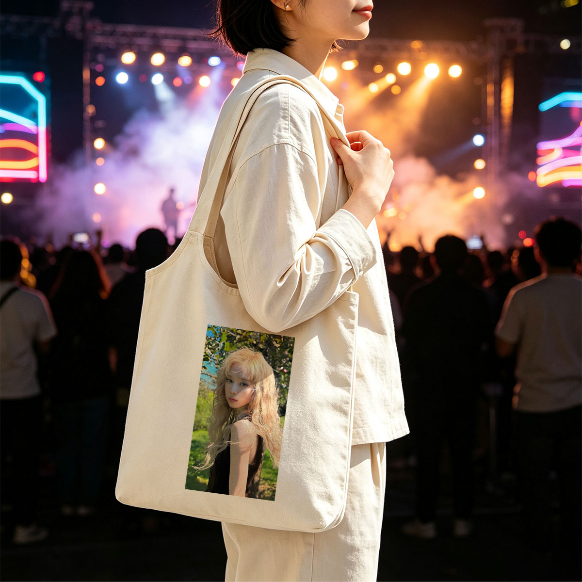Kim Yoo Jung in a Sunlit Garden with Flowing Blonde Hair and Elegant Black Dress - Canvas shoulder bags/