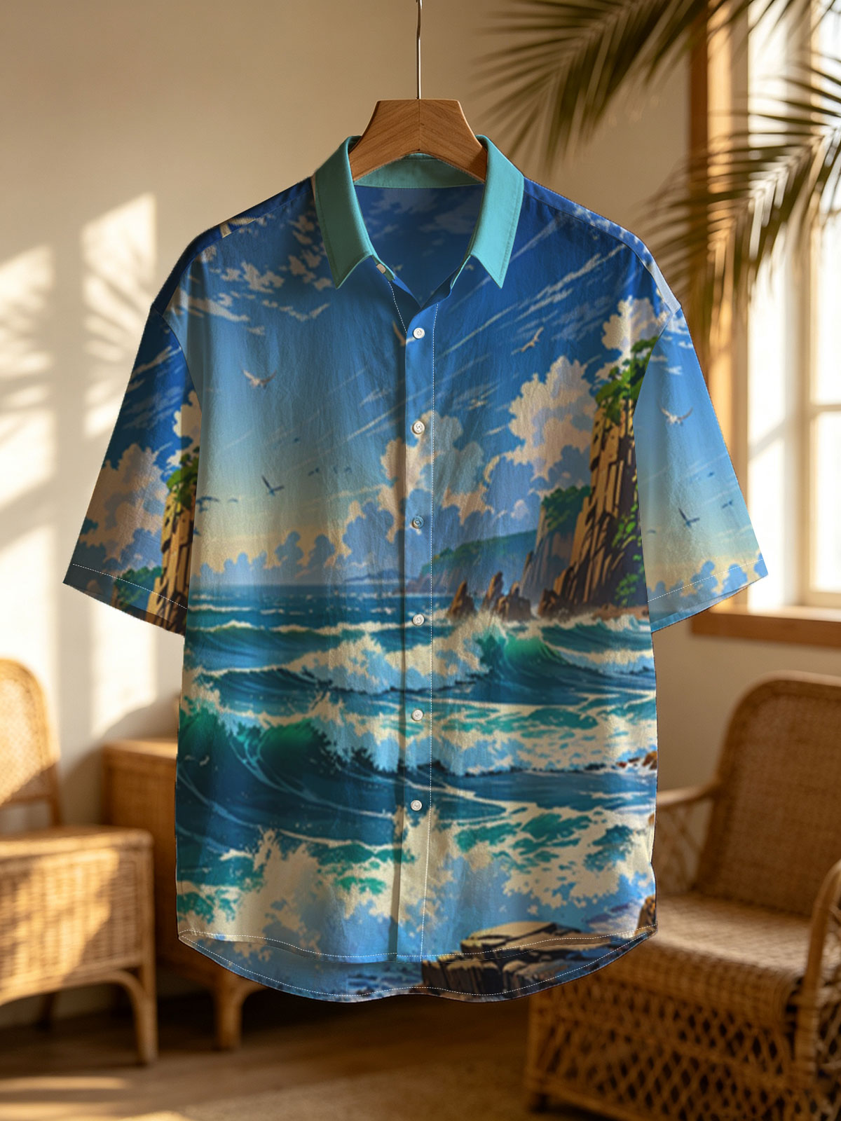 Ocean Waves Crashing Against Rocky Coastline Under Blue Sky -  Shirt