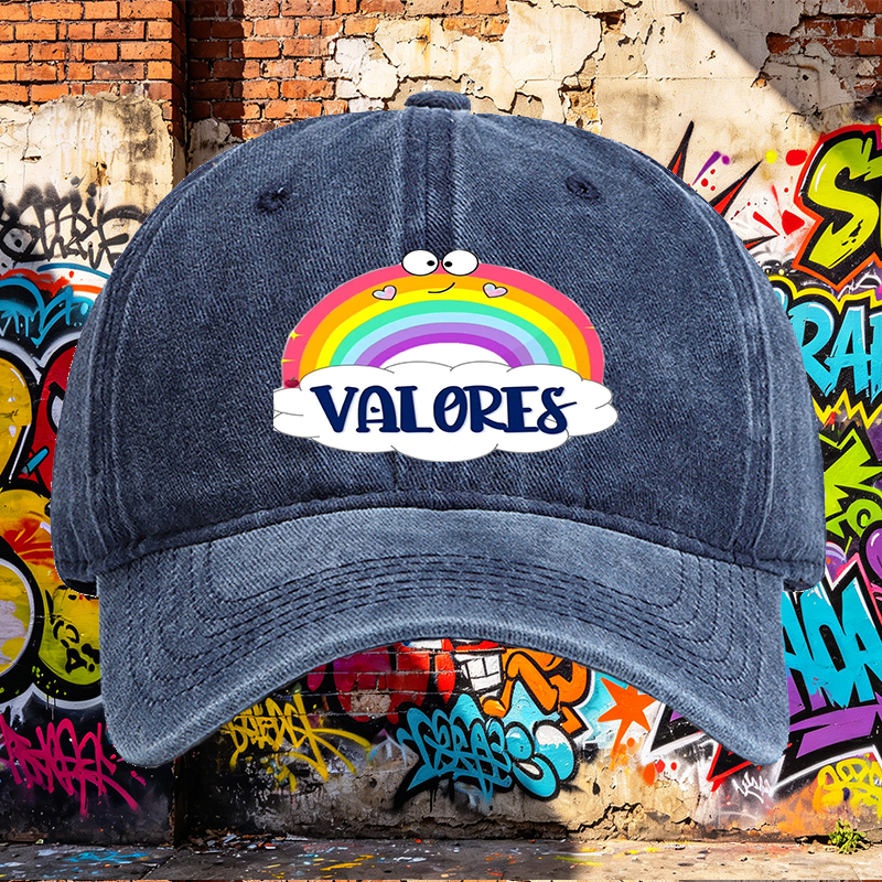 Unisex Classic Washed Cap with Rainbow and Valores Print - Casual Streetwear Hat for Outdoor Activities, Perfect for Youth and Adults Seeking Fun, Colorful Style