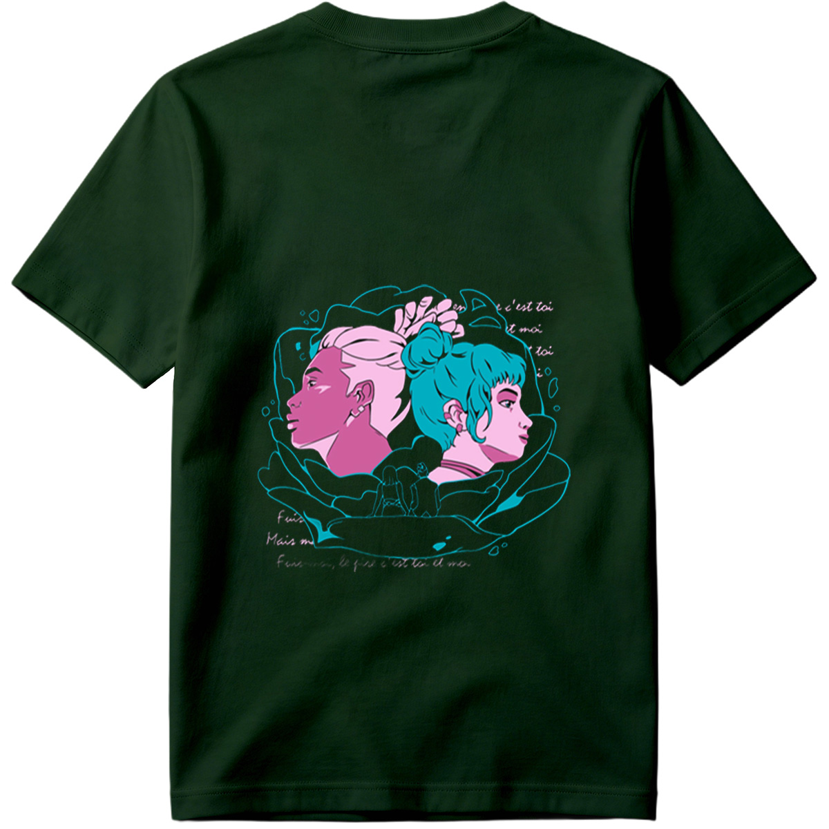 Two Women in Profile: A Stylized Artwork Featuring Pink and Teal Hair with French Text - Tee