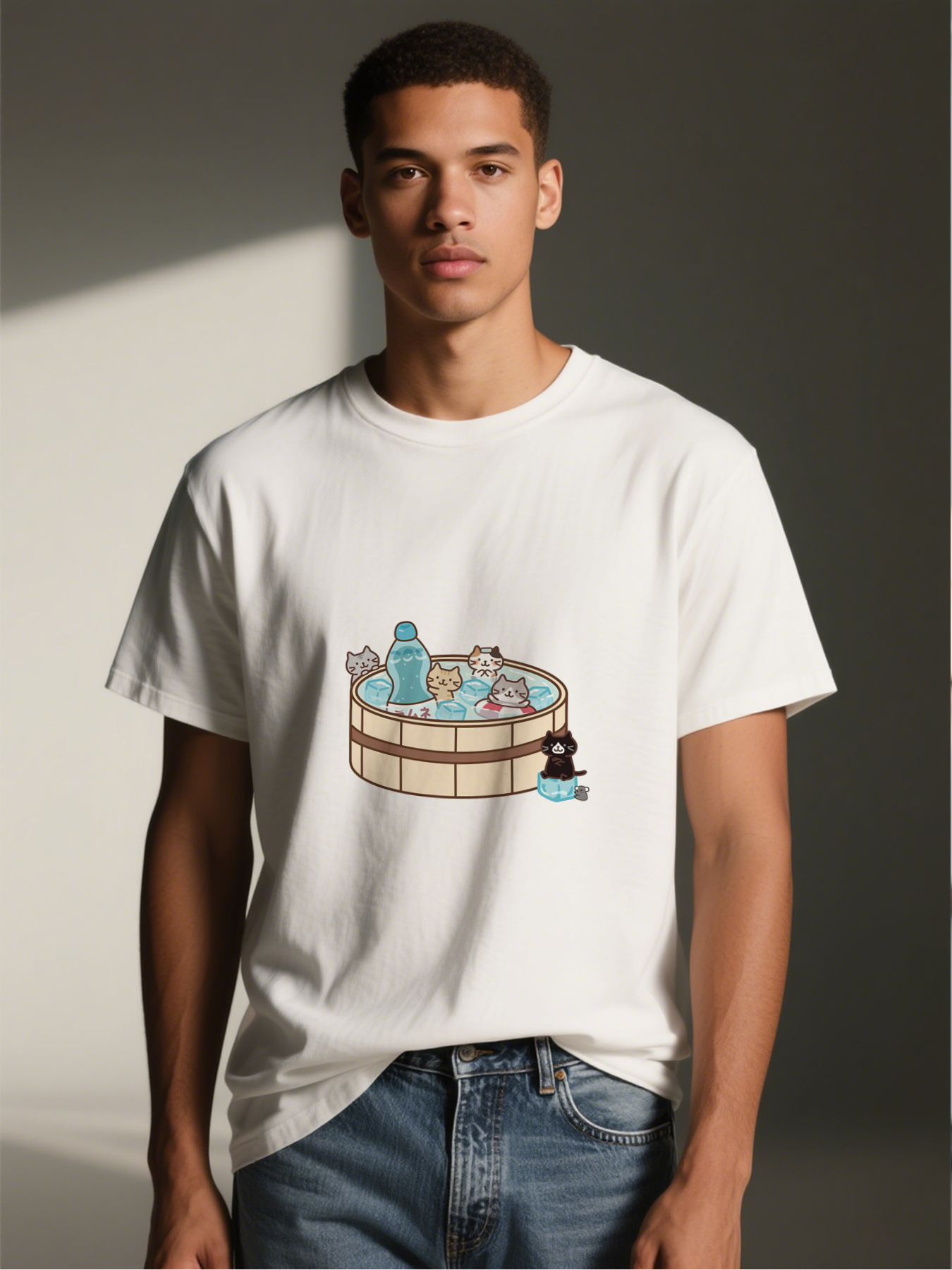 Men's Printed T-Shirt Cats in Ice Bath with Soda Bottle Cartoon Design Casual Round Neck Summer Lightweight Breathable Short Sleeve T-Shirt for Daily Wear, Outdoor Activities, Cat Lovers and Fun Fashion Enthusiasts