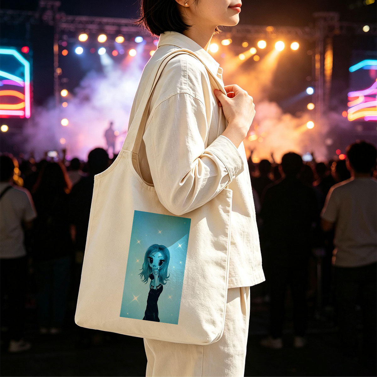Aqua Blue Anime Girl in Black Dress with Heart Tattoo on Starry Background - Canvas shoulder bags/