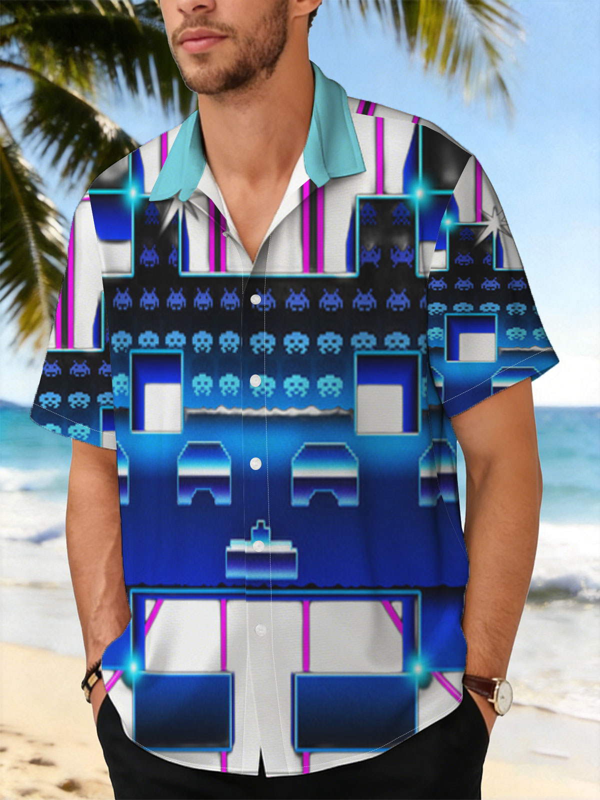 Space Invaders: Classic Arcade Game with Pixel Aliens and Neon Platforms -  Shirt
