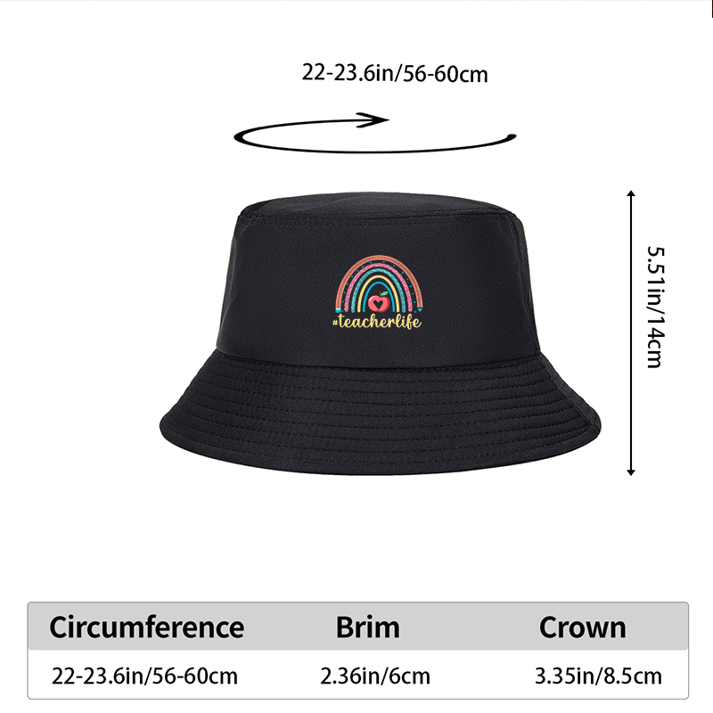 Unisex Bucket Hat with Rainbow Apple Print and #teacherlife Text – Classic Adjustable Sun Hat for Teachers, Outdoor Activities, and School Events – Perfect Gift for Educators and Teaching Professionals