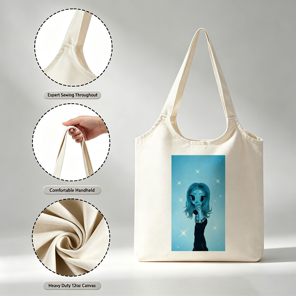 Aqua Blue Anime Girl in Black Dress with Heart Tattoo on Starry Background - Canvas shoulder bags/