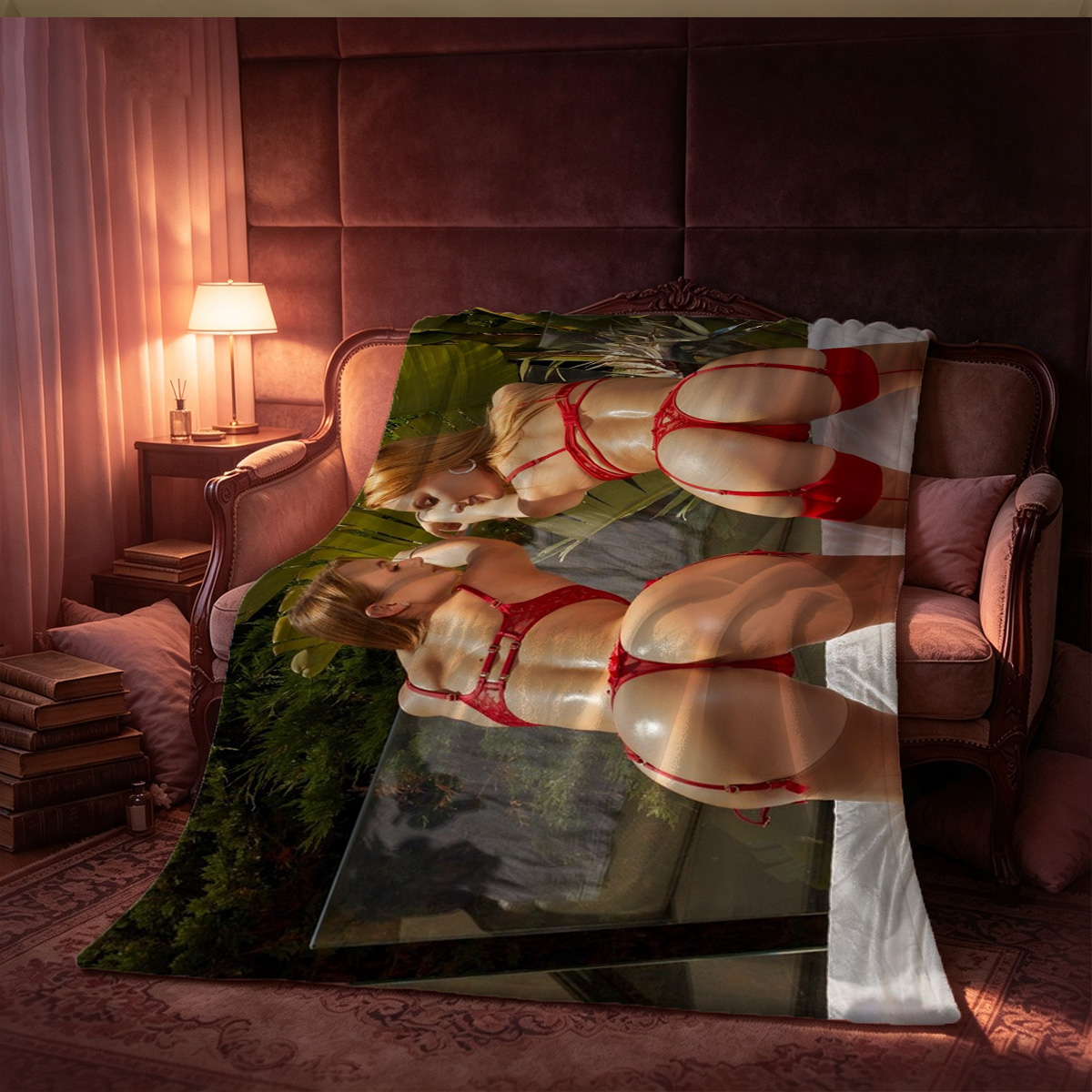 Nude Maiko Sitting on Fur Rug - Blanket