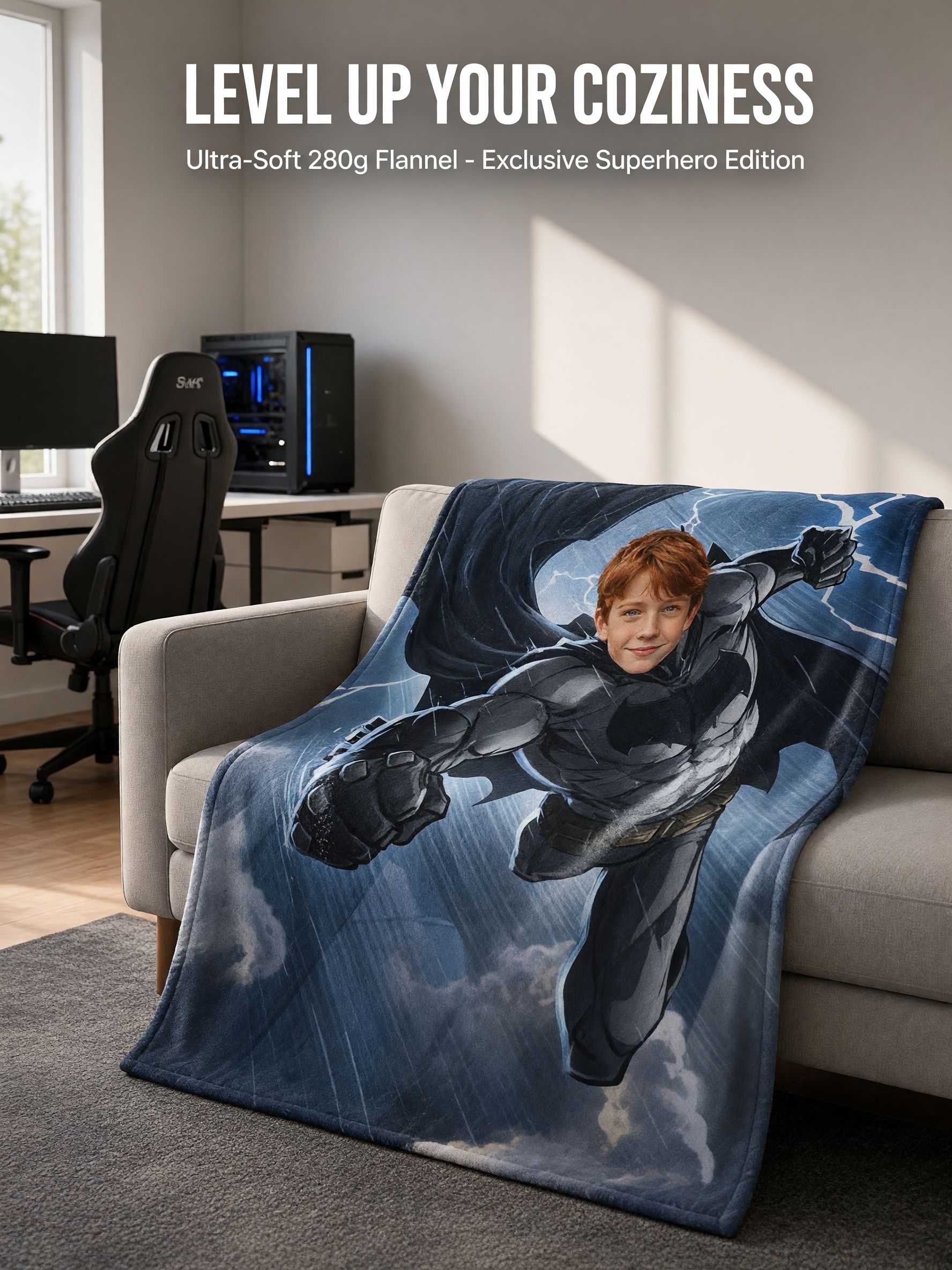 Custom Face Superhero Flannel Blanket Personalized Photo Throw Cozy Anti-Pilling Fleece Bed Couch Travel Gift
