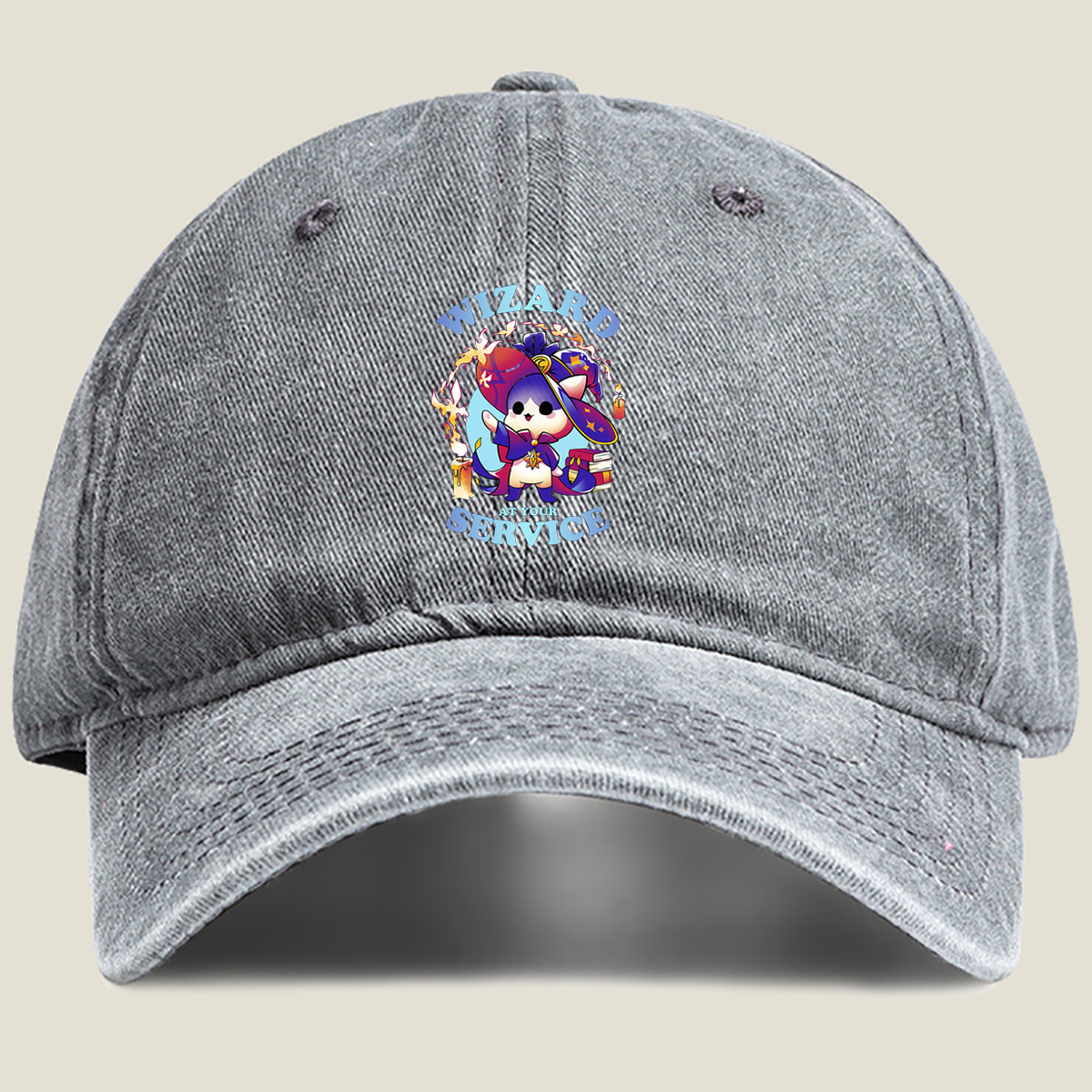 Wizard Cat at Your Service - Washed Denim - Baseball Cap