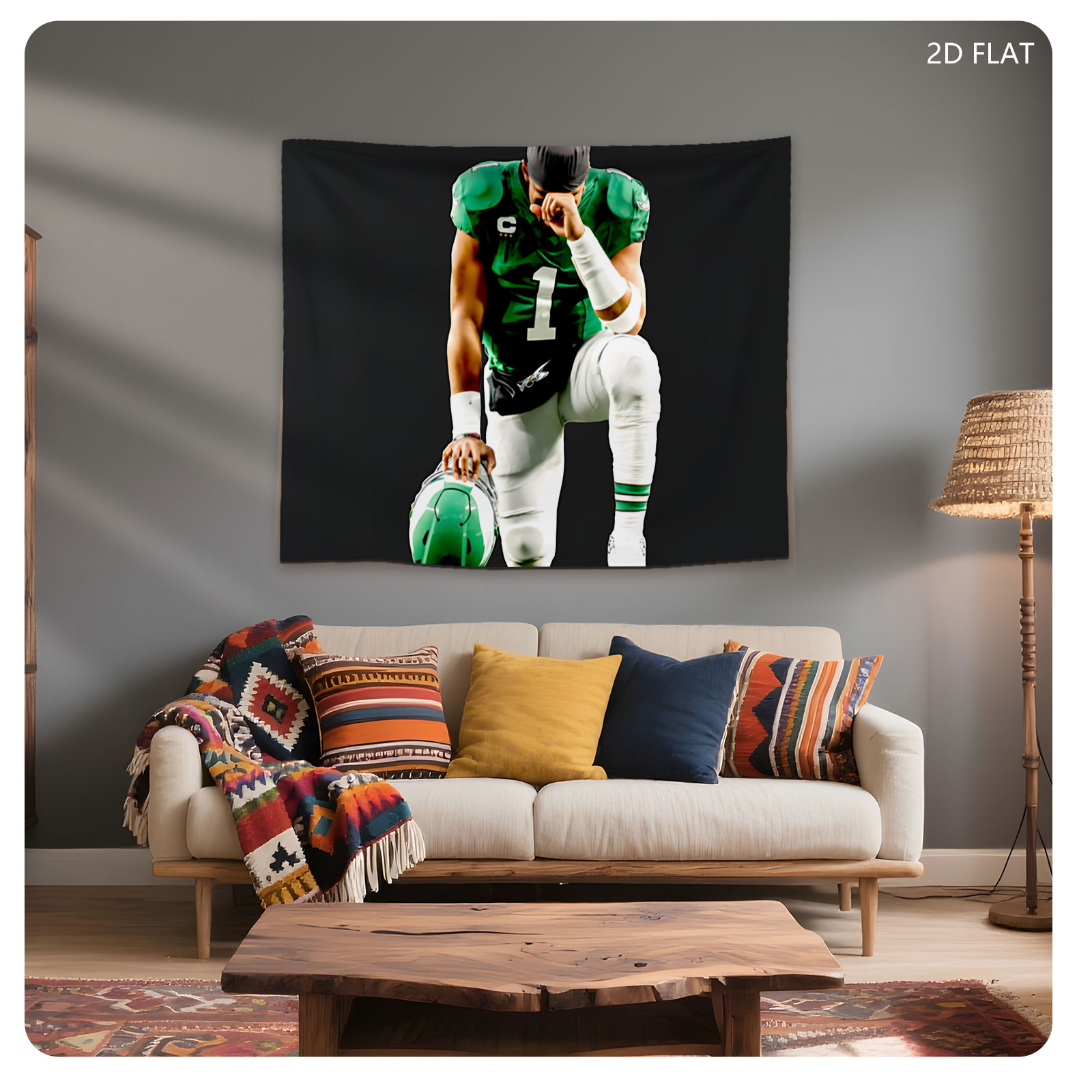Quarterback in Green Jersey with Number 1, Holding Helmet, Kneeling Pose - Tapestry