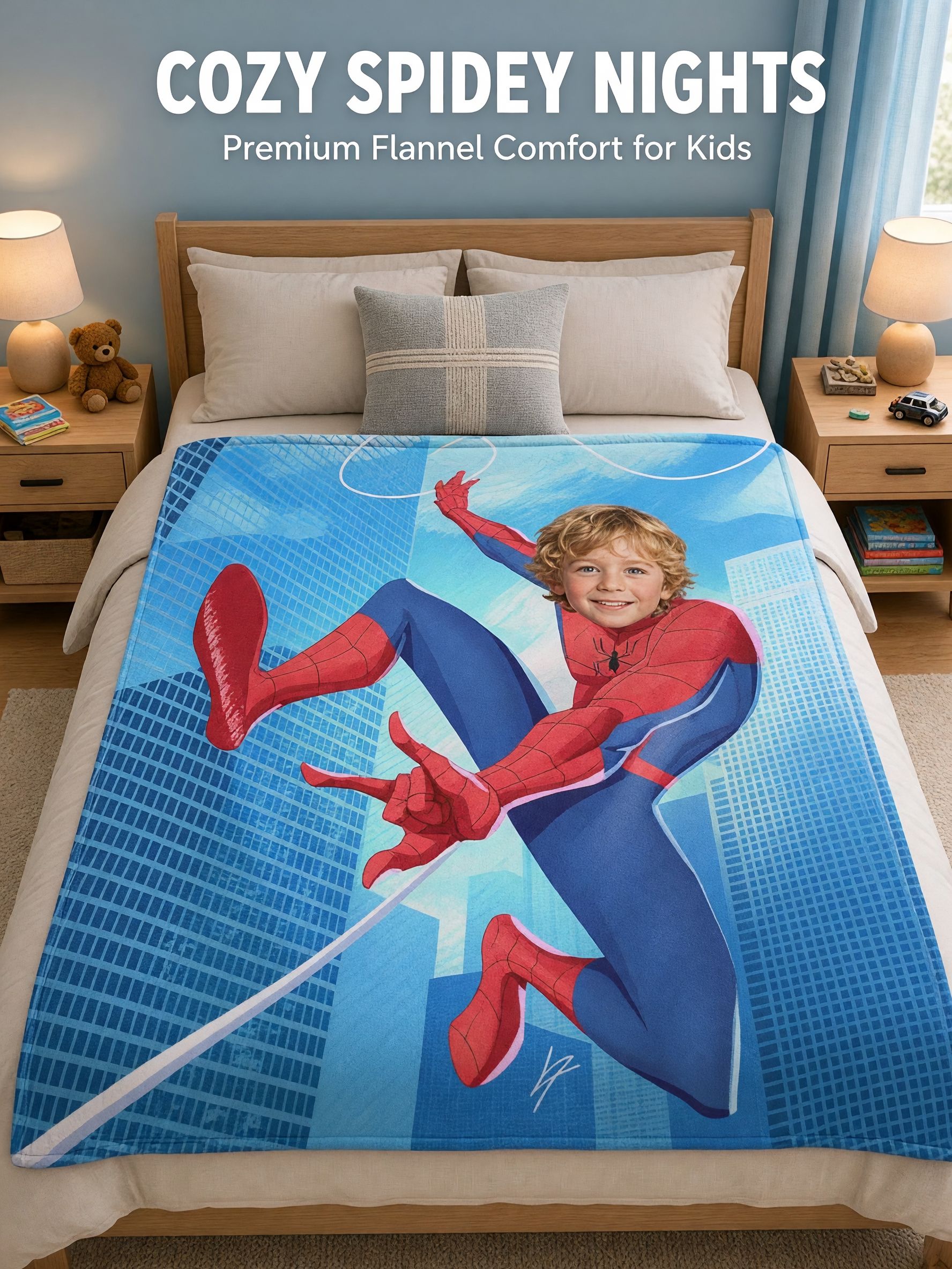 Personalized Superhero Photo Flannel Throw Blanket Custom Face Cozy Plush Bed Fleece for Kids Boys Girls Birthday Gift