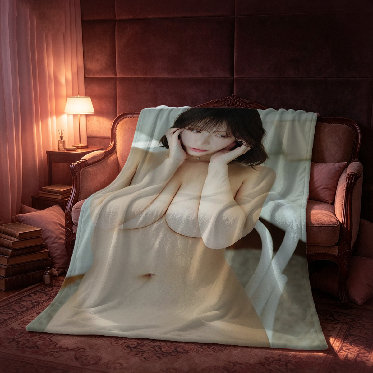 Nude woman with long brown hair posing on a couch, looking back over her shoulder. - Blanket