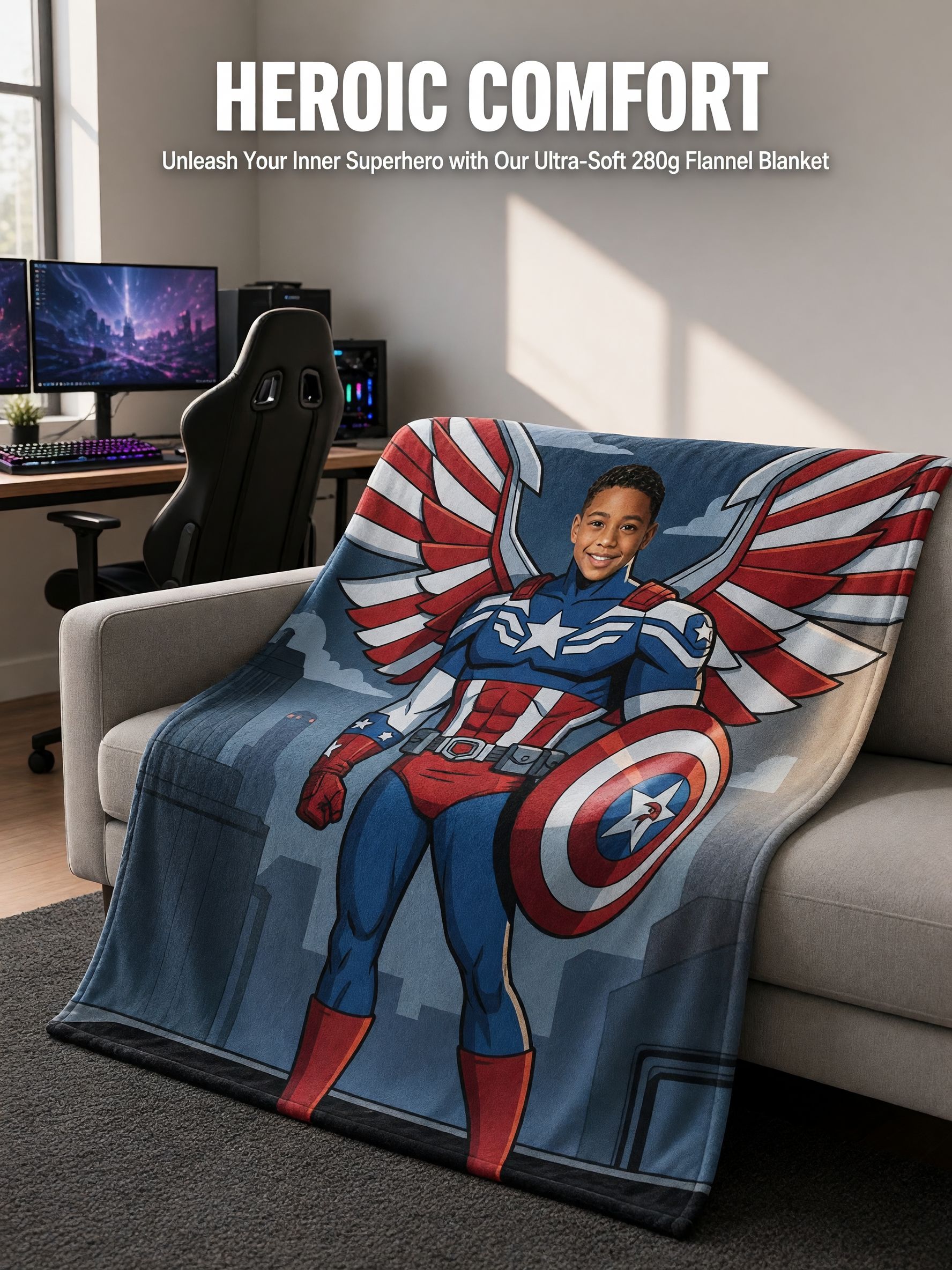 Custom Face Superhero Blanket Personalized Photo Flannel Fleece Throw Cozy Superhero Keepsake Gift for Kids and Comic