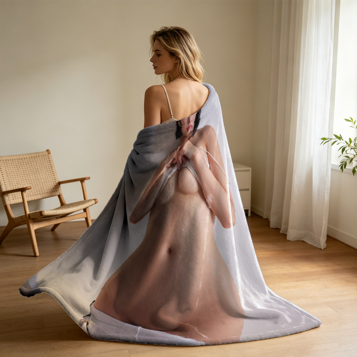 Red Lingerie Seduction on White Sheets - Blanket
