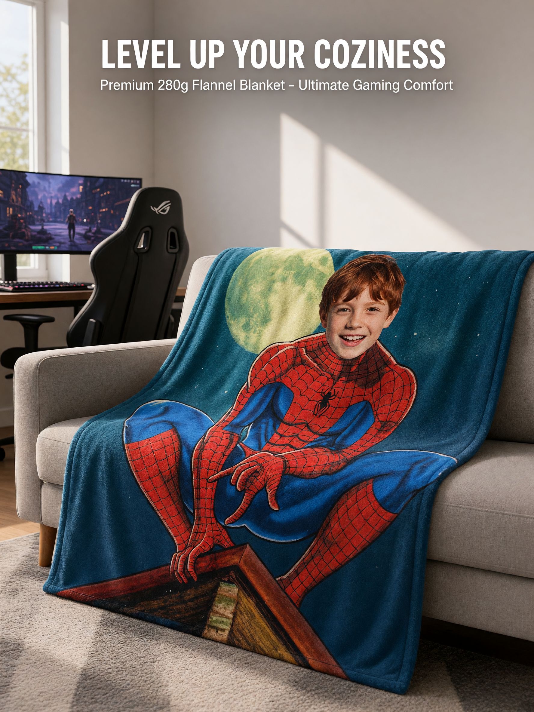 Custom Face Photo Superhero Flannel Fleece Blanket Skin Friendly Throw Ideal Personalized Gift for Bed and Sofa