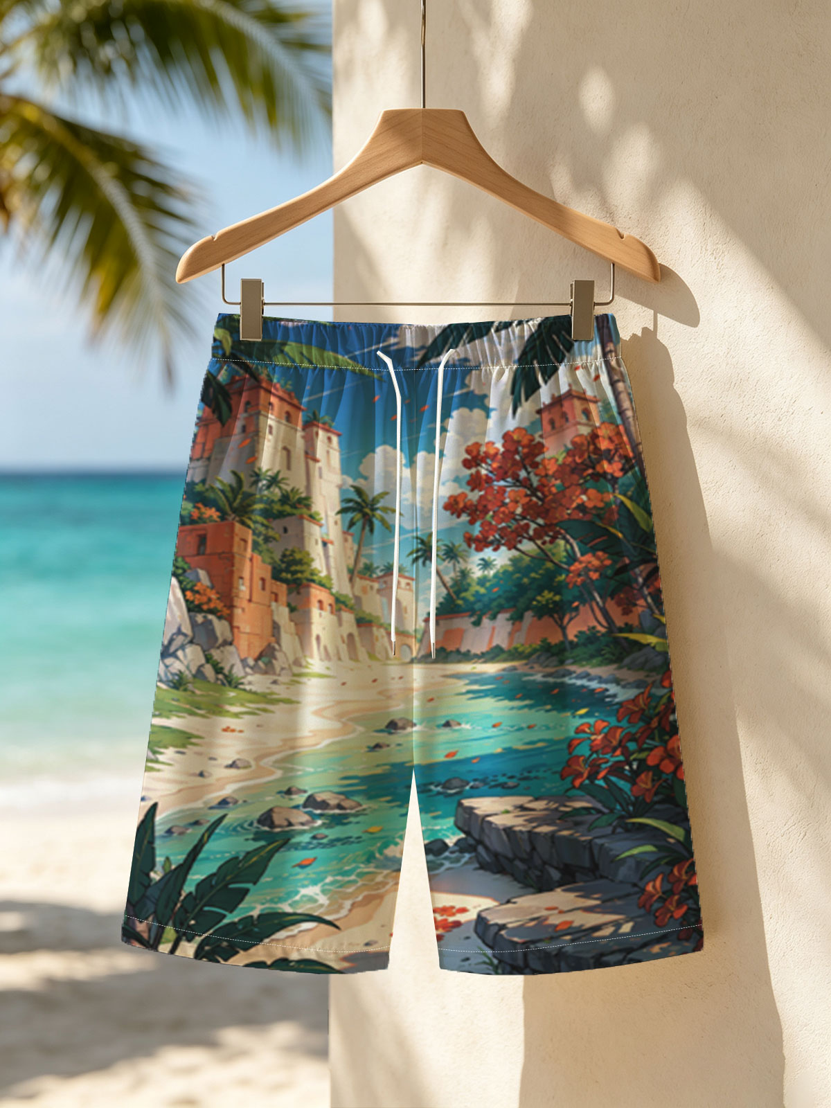 Tropical Beach with Ancient Ruins and Lush Vegetation -  Beach shorts