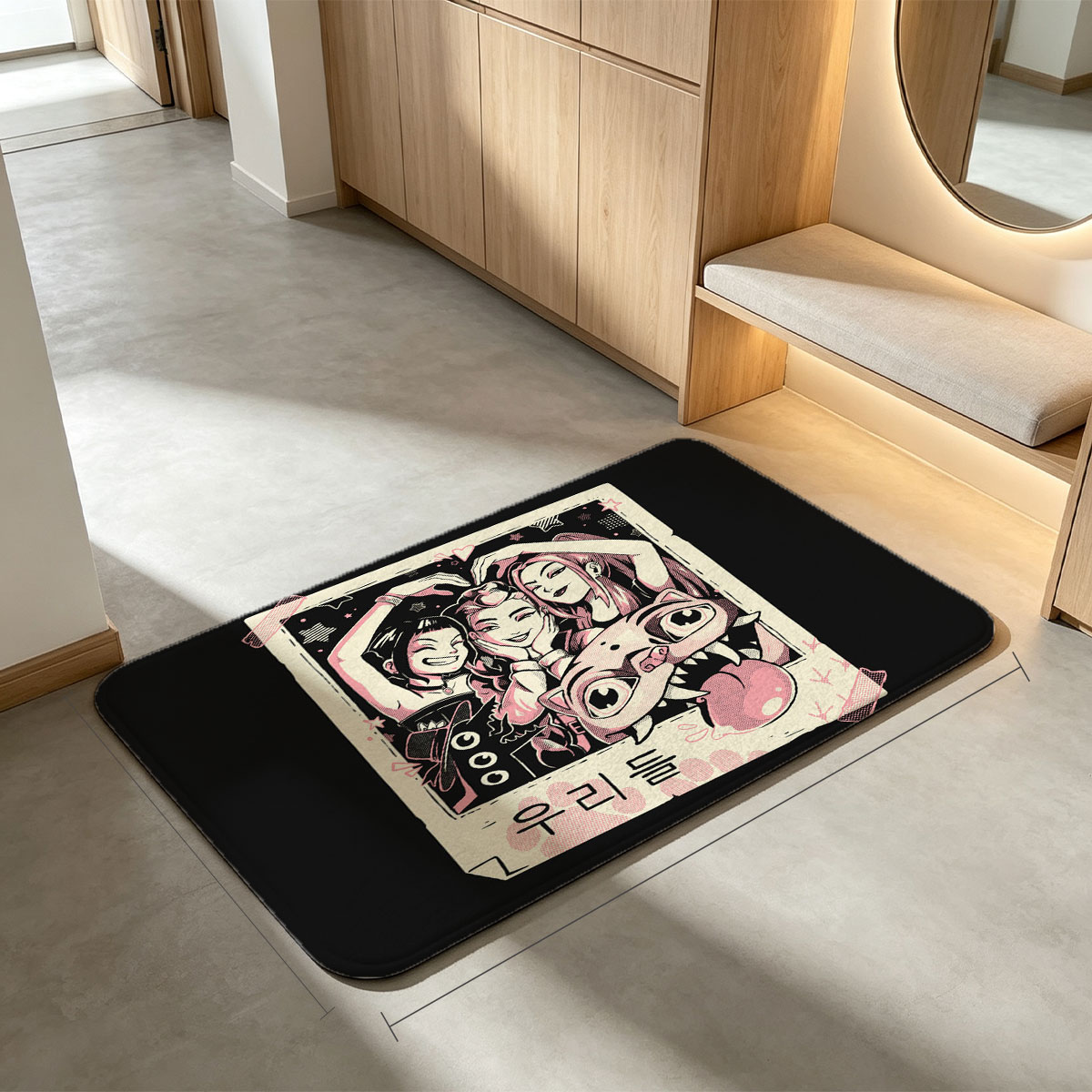 Three Girls and a Cat in a Polaroid Frame - Flannel floor mat
