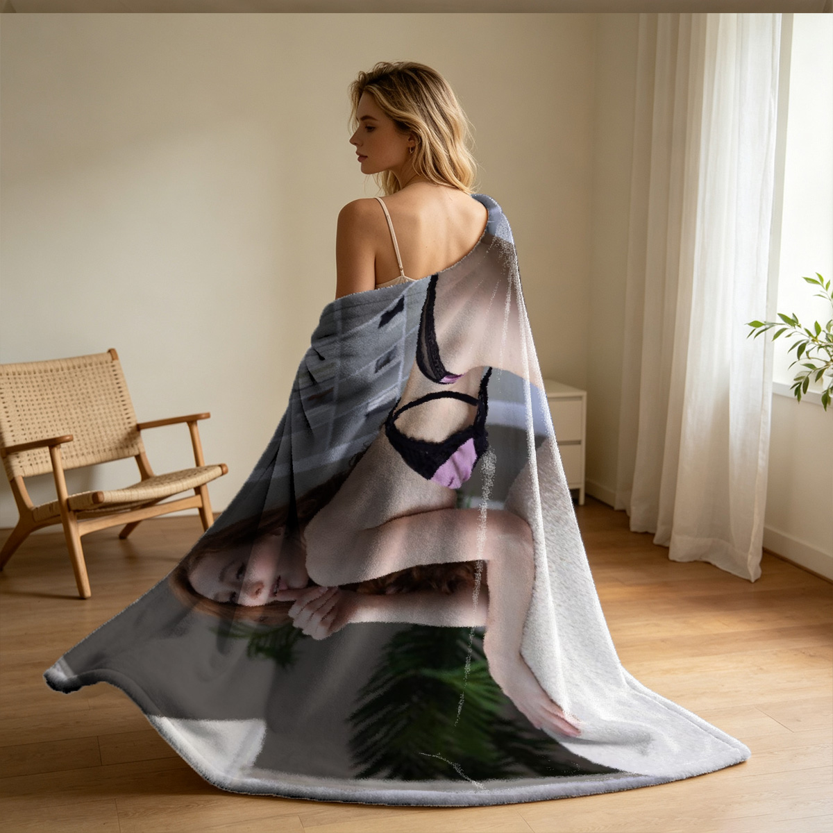 Two Women in Black Lingerie and Stockings on Luxurious Bed - Blanket