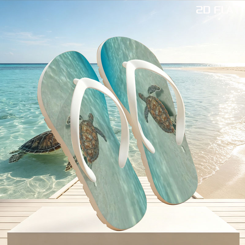 Sea turtle swimming gracefully over sandy ocean floor -  flip-flops