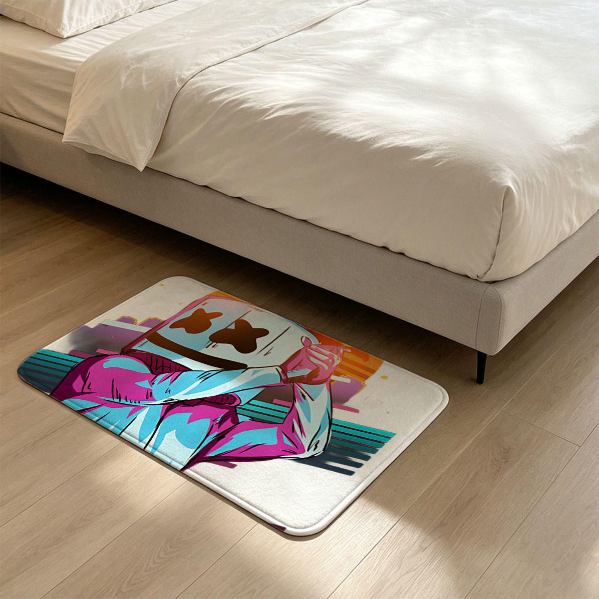 Marshmello in a vibrant neon outfit against a sunset cityscape, holding a phone to his head. - Flannel floor mat