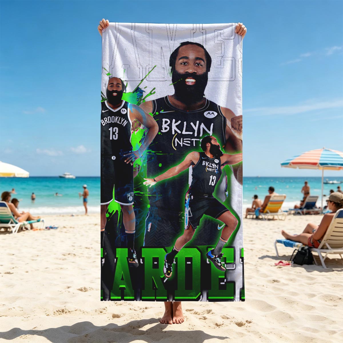 James Harden in Brooklyn Nets Jersey, Dynamic Basketball Action Pose - Beach towels