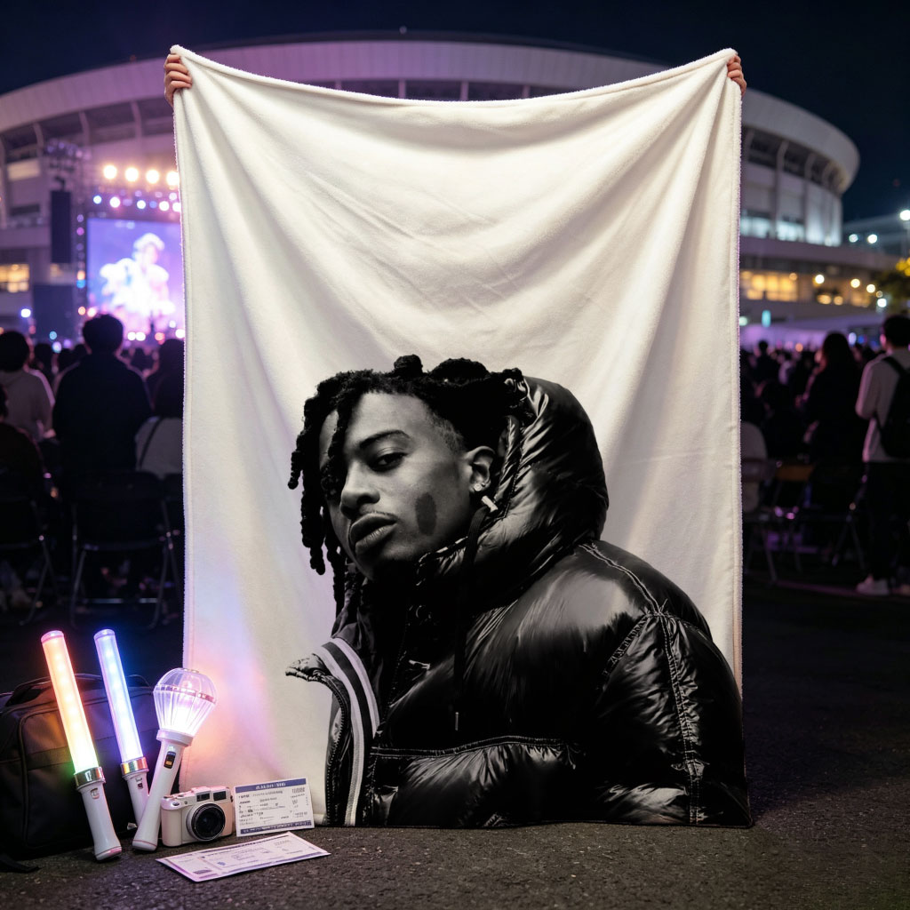 Lil Durk in a Bold Black Puffer Jacket Against a Stark White Background - Blankets