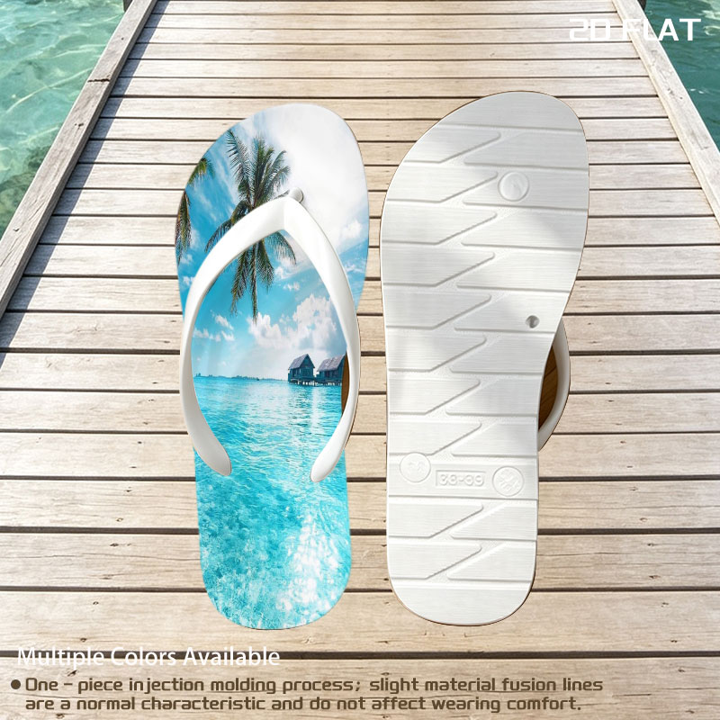 Tropical paradise with palm trees and overwater bungalows in crystal clear blue waters. -  flip-flops