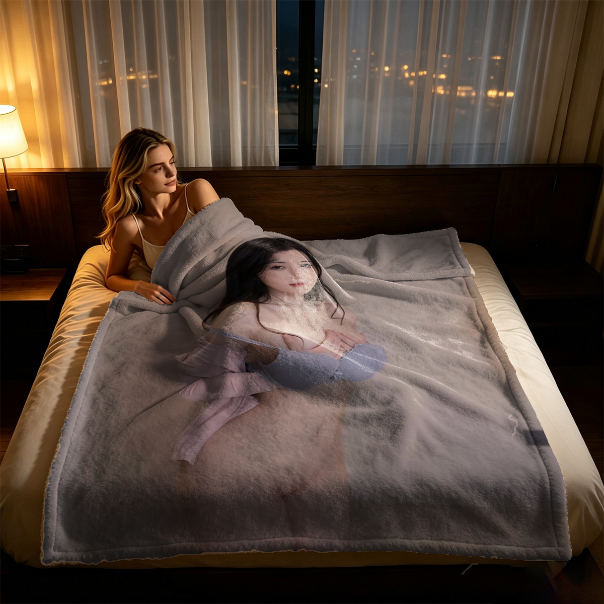 Nude Asian beauty in black fishnet stockings on all fours under neon light - Blanket