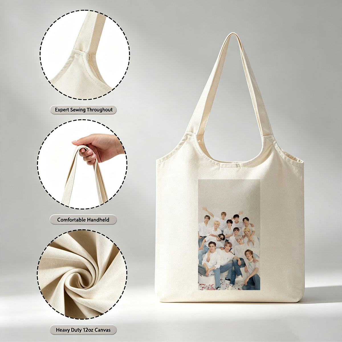 SEVENTEEN Group Photo in White Outfits with Playful Poses and Red Heart Details - Canvas shoulder bags/