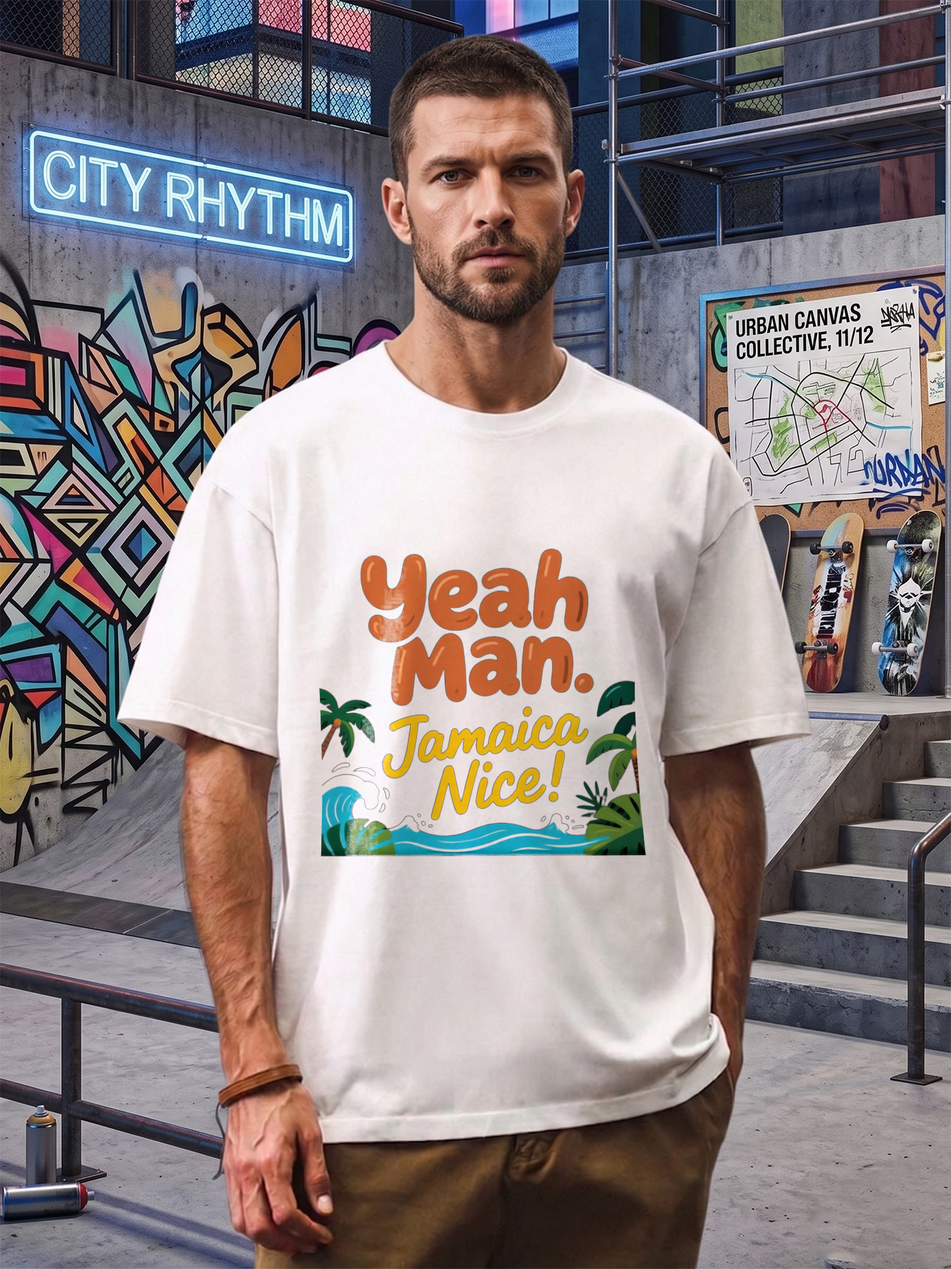 Men's Printed T-Shirt Yeah Man Jamaica Nice Tropical Palm Tree Wave Design Casual Round Neck Summer Lightweight Breathable Short Sleeve T-Shirt for Beach Vacation Travel Outdoors Men
