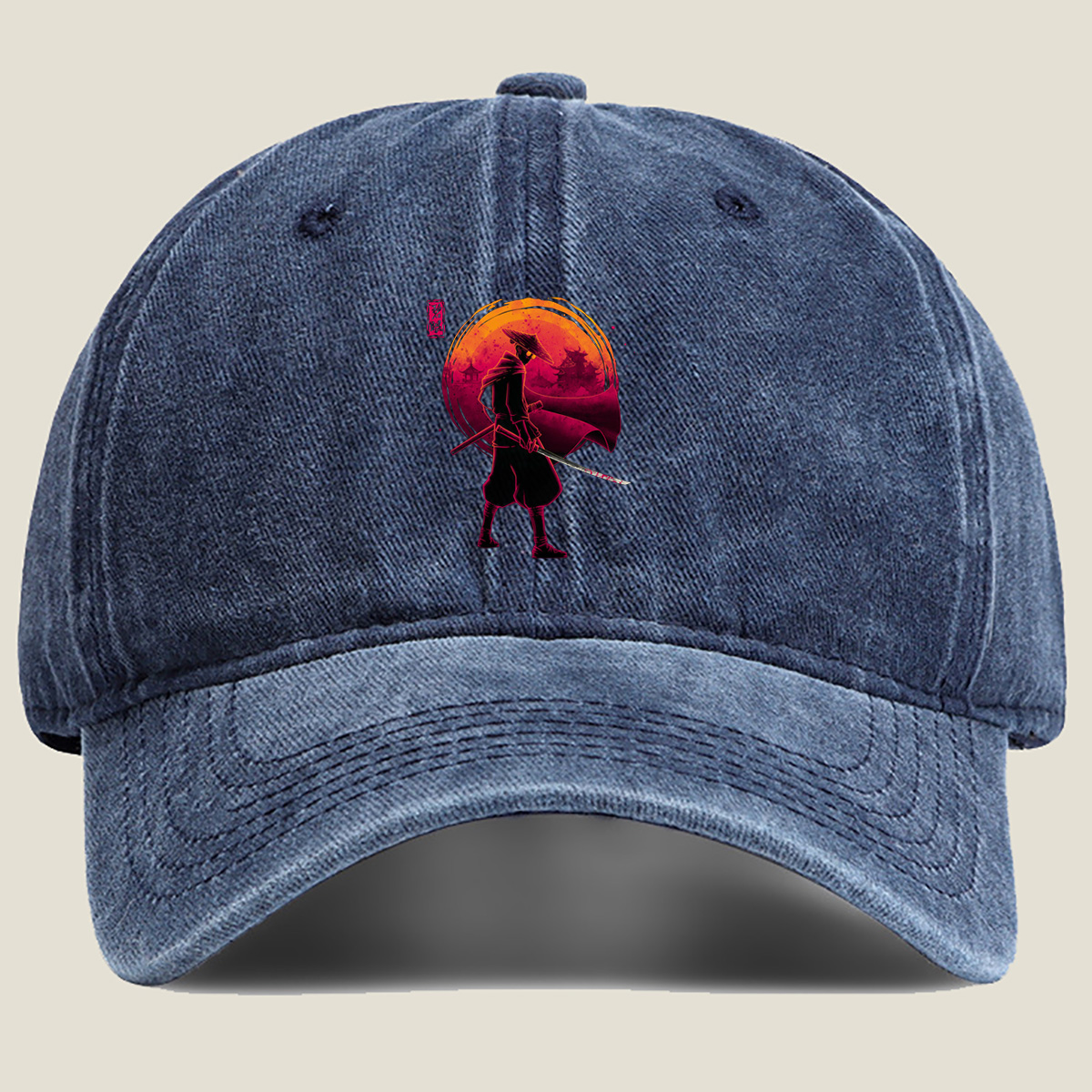 Samurai Warrior with Bloodied Sword Against Crimson Moon - Hat