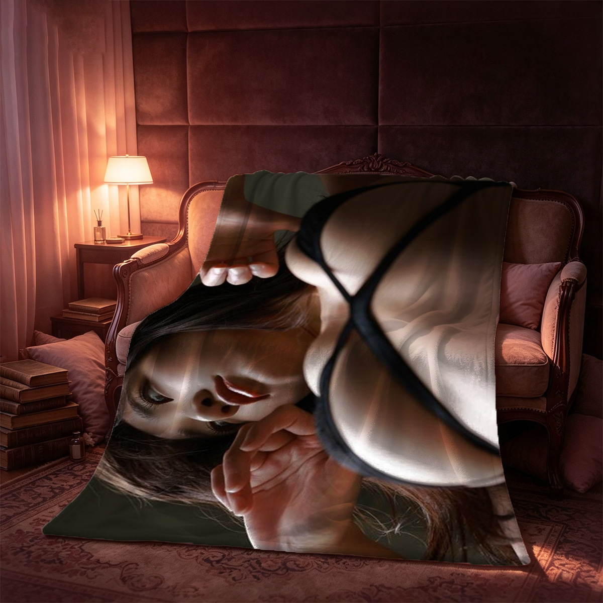 Two redhead women in black lingerie embracing by the window. - Blanket