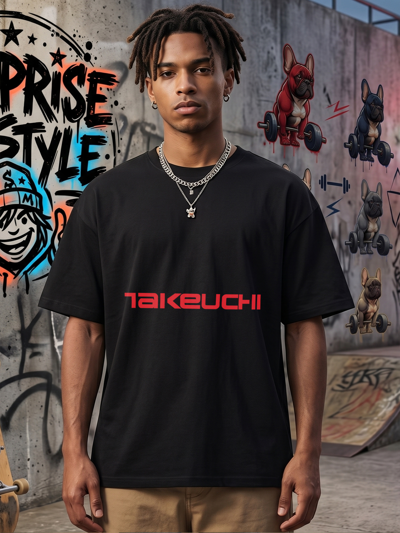 Men's Printed T-Shirt Takeuchi Logo Design Casual Round Neck Summer Lightweight Breathable Short Sleeve T-Shirt for Outdoor Work and Everyday Wear Adult Men