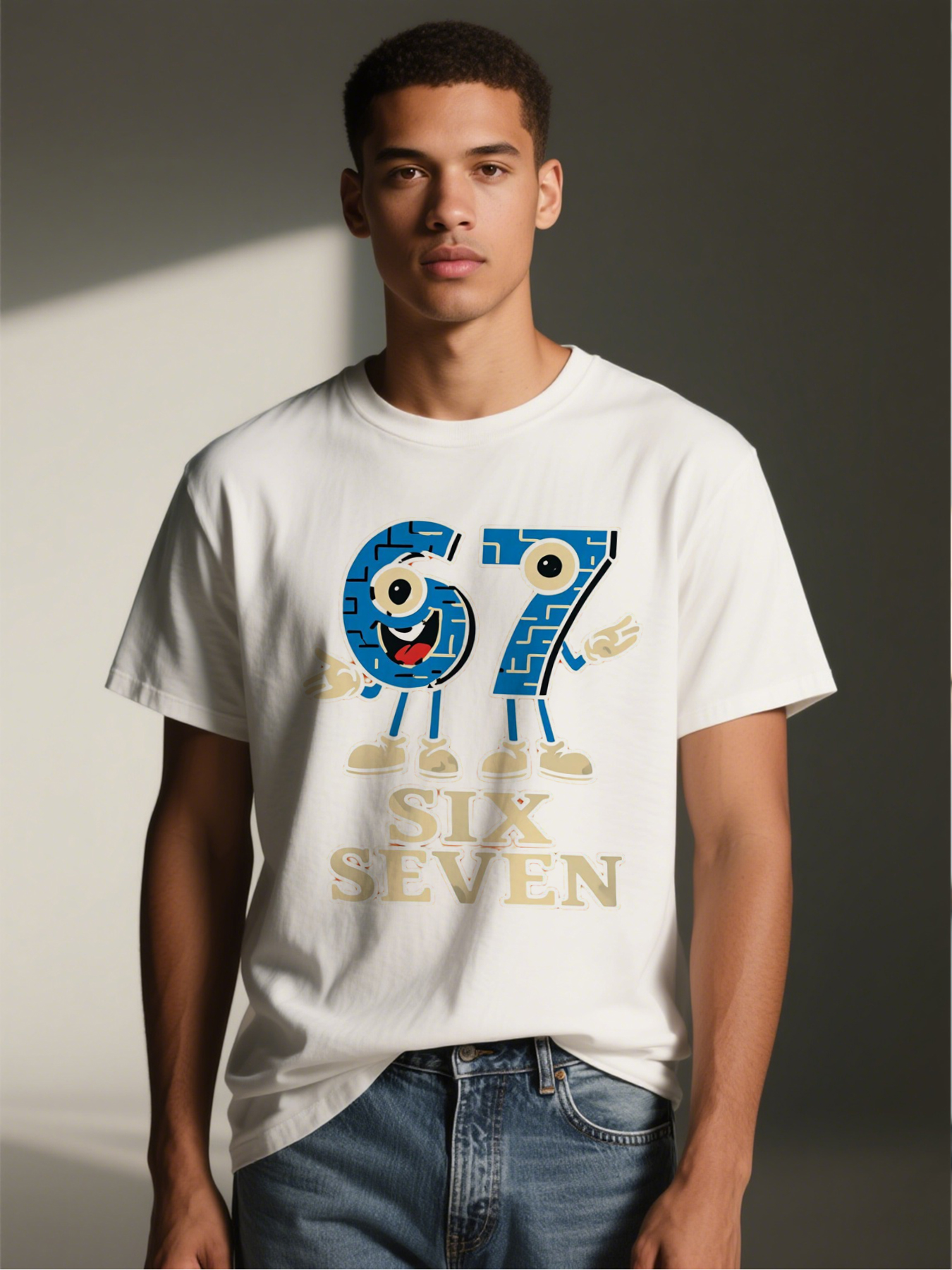 Men's Printed T-Shirt with Fun 67 Cartoon Numbers Design Six Seven Text Graphic Casual Round Neck Lightweight Breathable Summer Short Sleeve Tee for Adults Daily Wear and Outdoor Activities