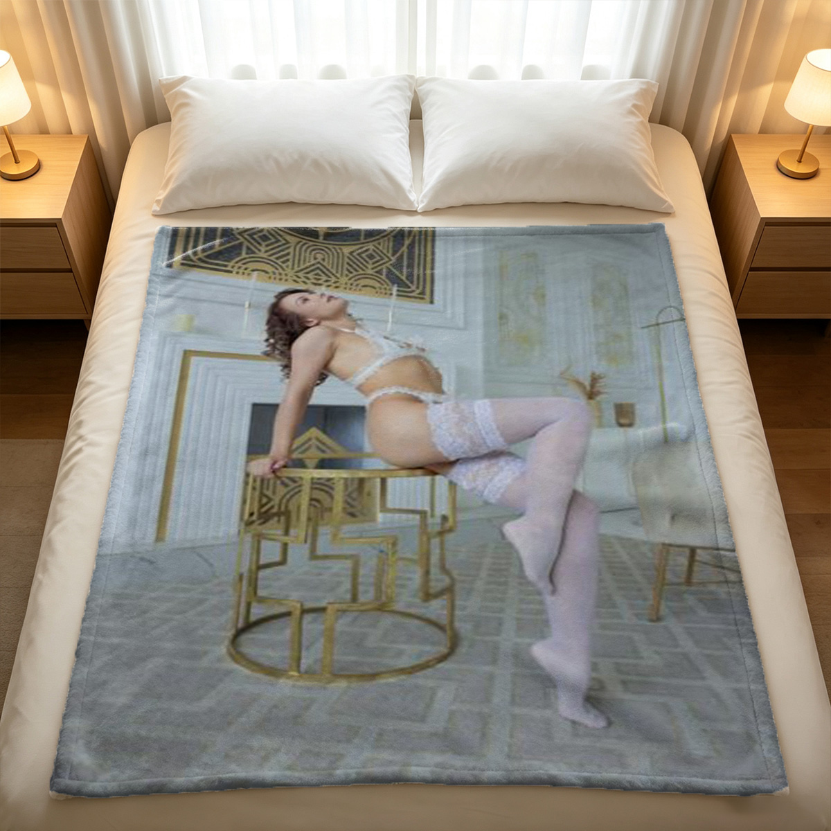 A woman in red lace lingerie and stockings posing on a bed. - Blanket