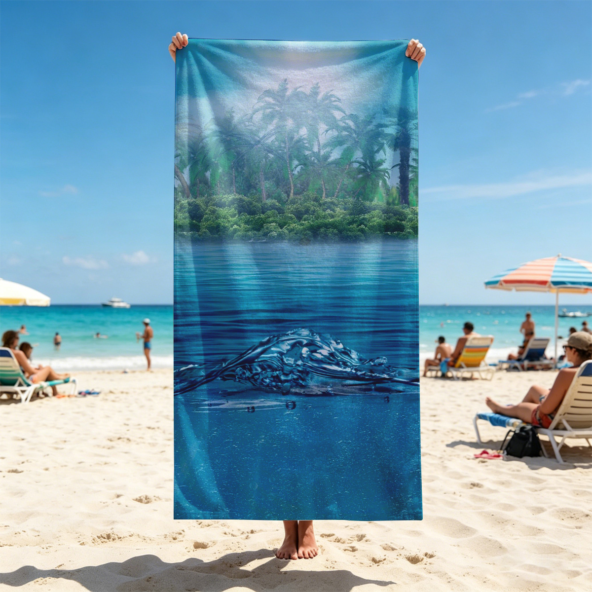 Sunlit Tropical Waters with Palm Trees and Underwater View - Beach towels