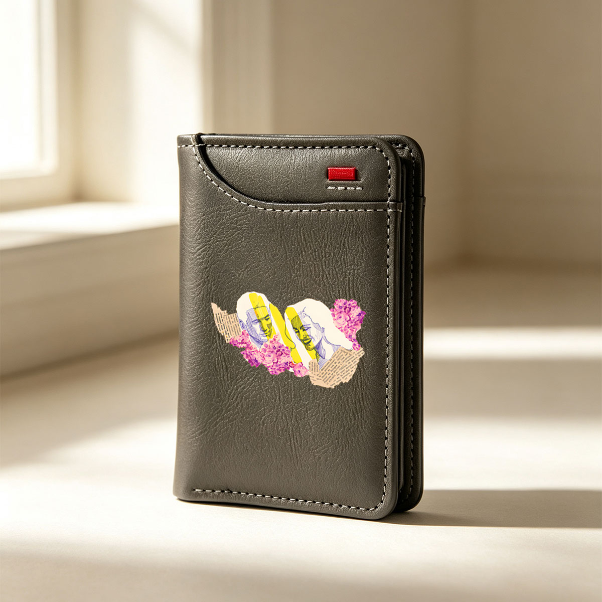 Two stylized faces with yellow highlights and purple flowers, set against a backdrop of text fragments. - Vertical Style Wallet