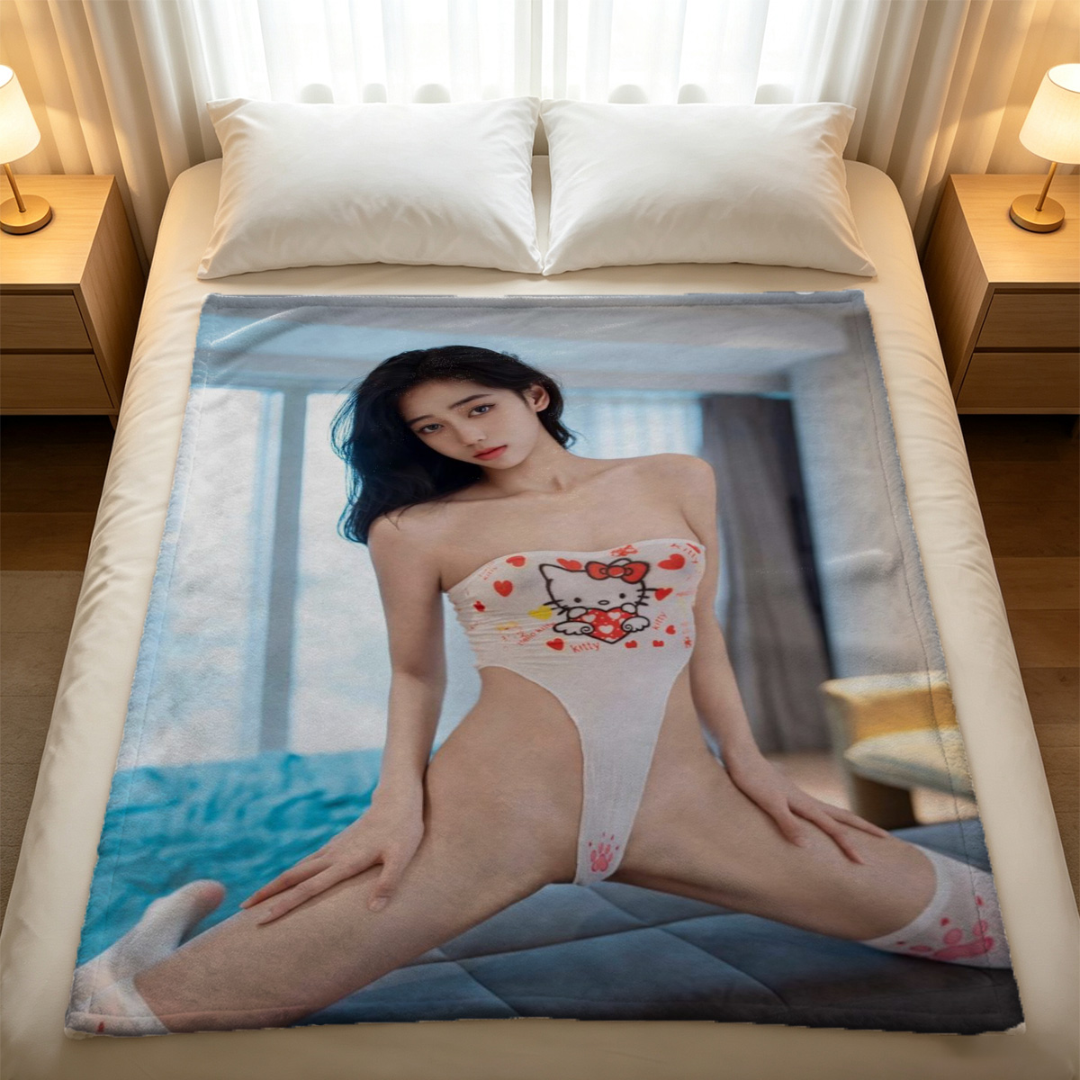 Nude redhead on wooden throne. - Blanket