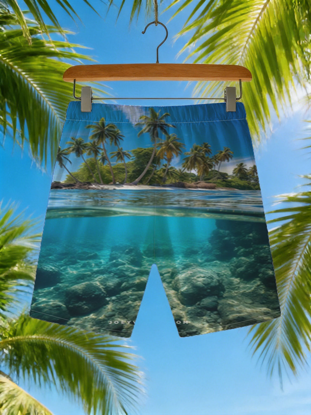 Tropical Island with Palm Trees and Crystal Clear Waters -  Beach shorts