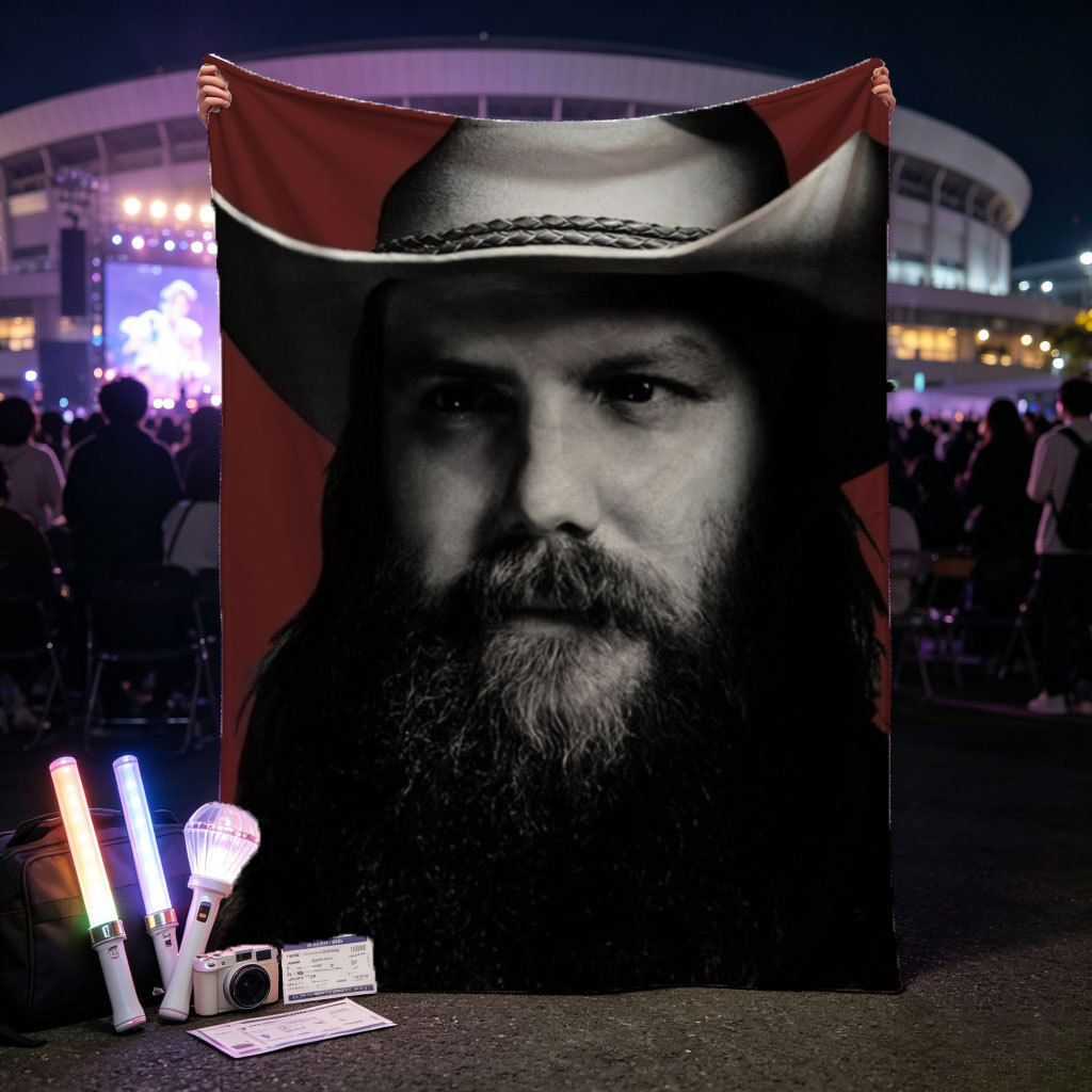 Chris Stapleton in a Cowboy Hat with a Bearded Portrait Against a Red Background - Blankets