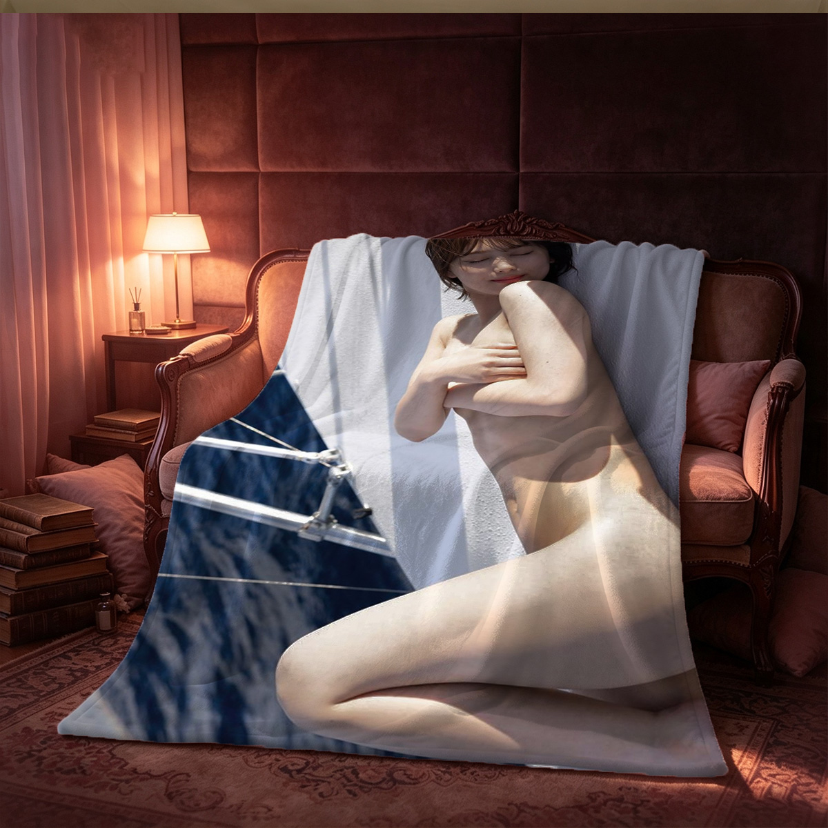 Jennifer Connelly in white sweater and pink fishnet tights in luxury bathroom - Blanket