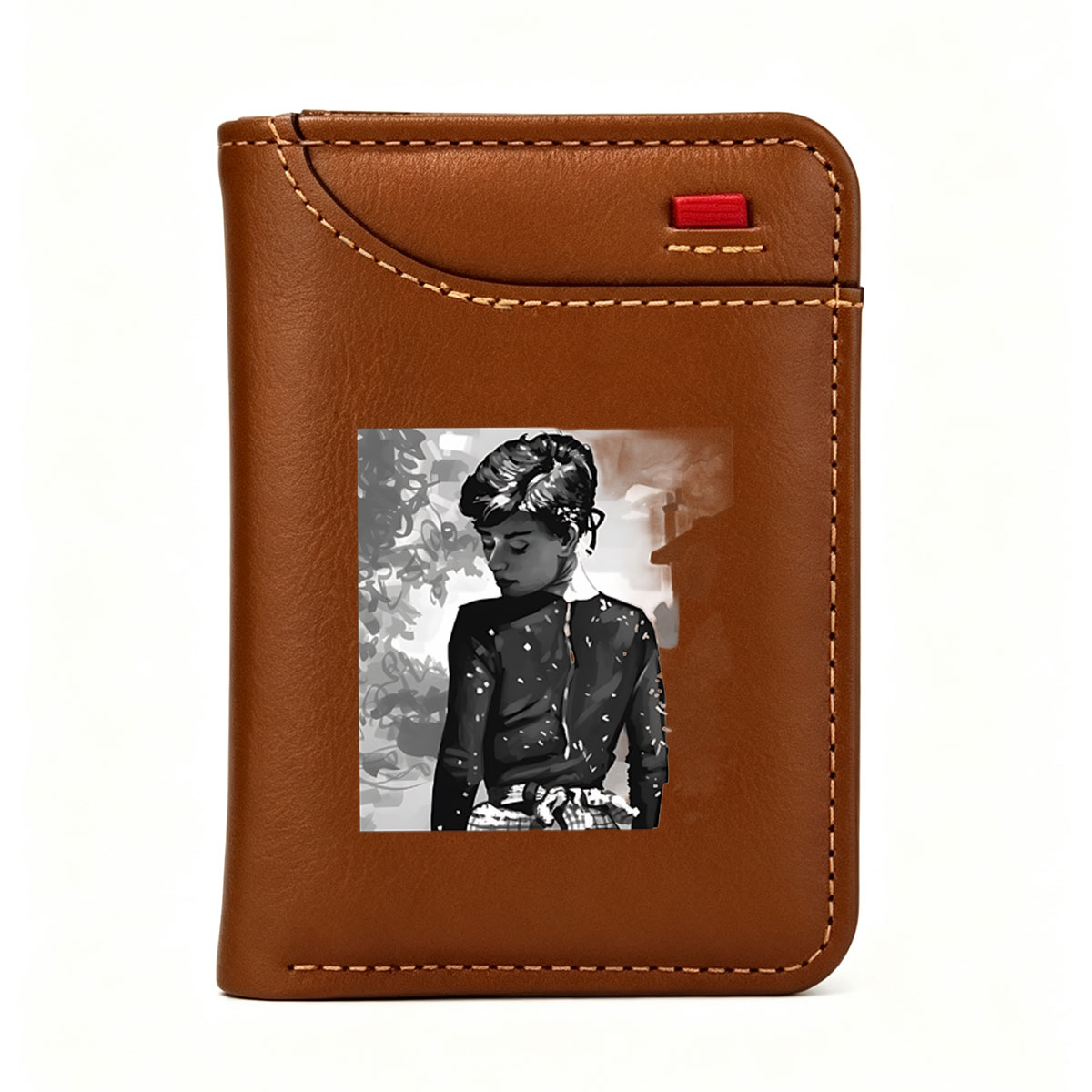 Audrey Hepburn in a contemplative moment, classic black and white portrait - Vertical Style Wallet