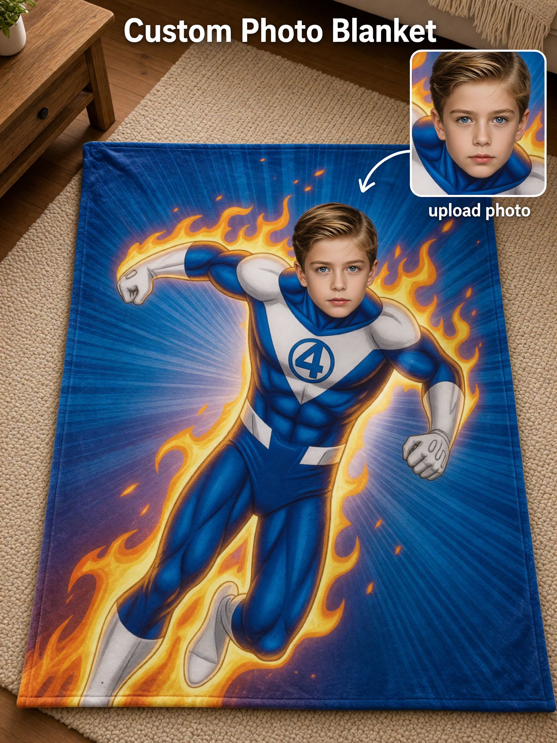 Custom Face Superhero Flannel Throw Blanket Personalized Photo Portrait Ultra Soft Plush Bed Fleece Wrap for Kids and