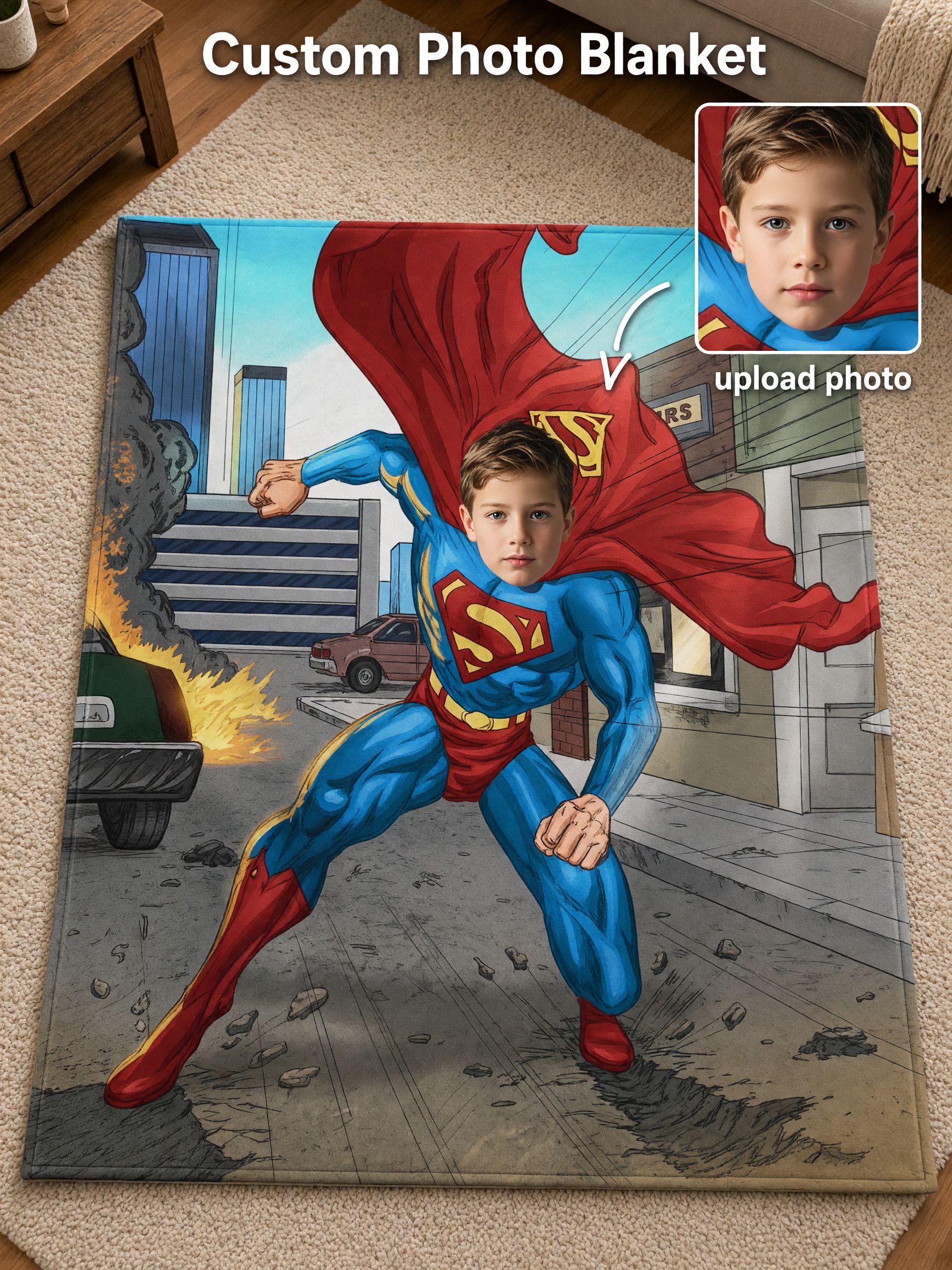 Custom Photo Face Superhero Fleece Throw Blanket Personalized Superhero Comic Gift Ultra Soft Anti Pilling Flannel Bed