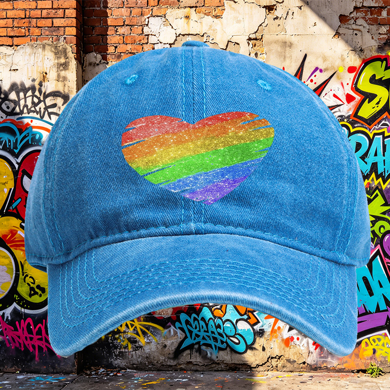 Unisex Classic Washed Cap with Rainbow Heart Glitter Print - Perfect for Pride Events, Casual Outings, and Everyday Wear - Ideal for Adults Seeking Vibrant, Comfortable Headwear with LGBTQ+ Inspired Design