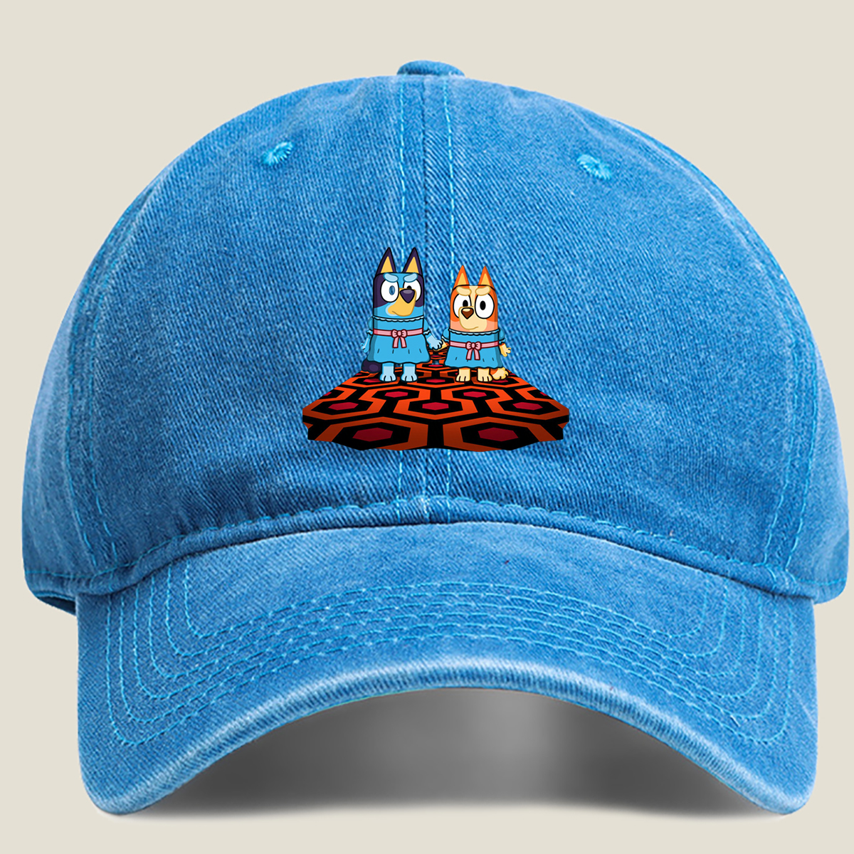 Bluey and Bingo in Matching Dresses on a Patterned Rug - Washed Denim - Baseball Cap