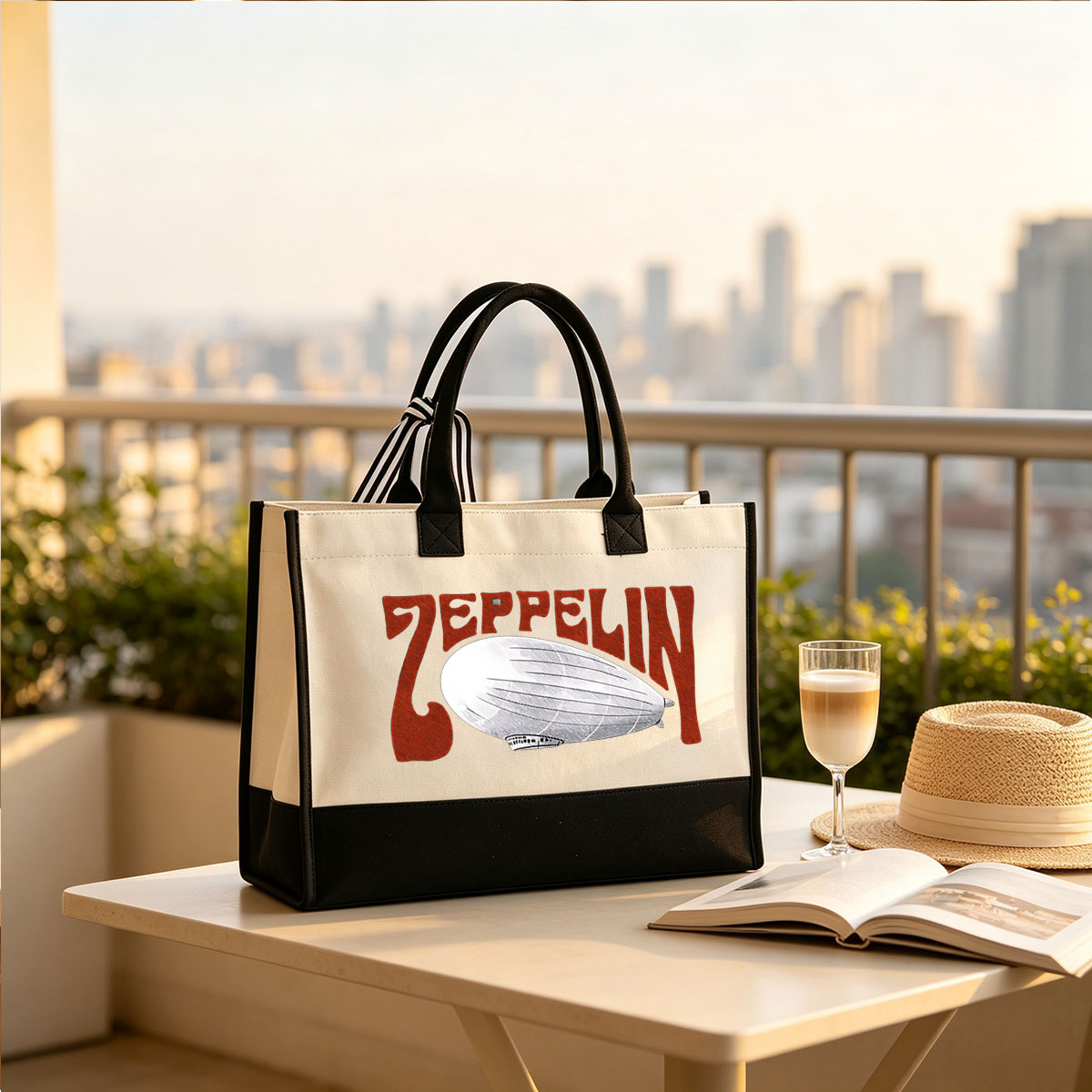 Led Zeppelin Band Logo with Airship Design - Canvas patchwork gift tote bag