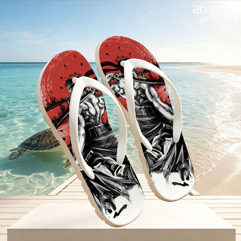 Samurai Warrior with Three Swords Against Red Sun Background -  flip-flops