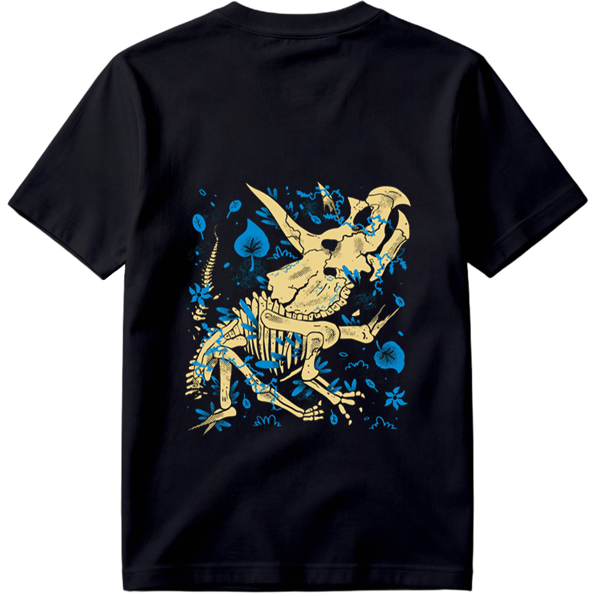Triceratops Skeleton with Blue Leaves - Tee
